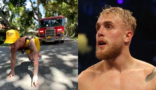 Jake Paul dragging a fire truck