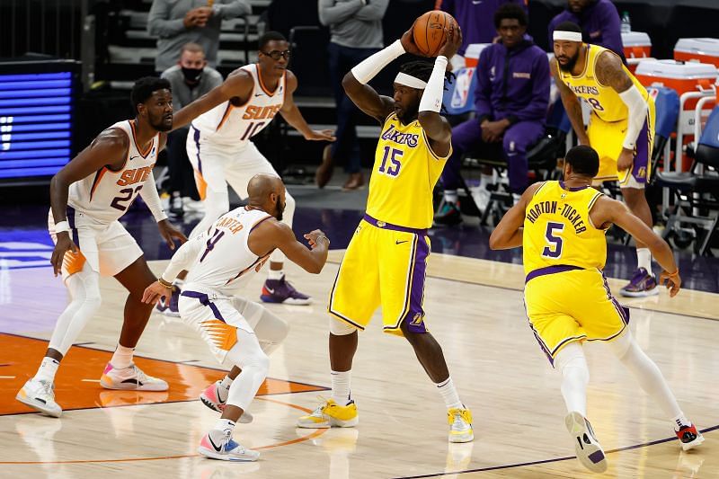 Montrezl Harrell (#15) will have to step up for the LA Lakers in LeBron James&#039; absence.