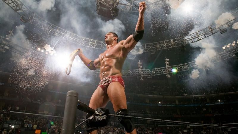 Batista celebrating another victory in the WWE