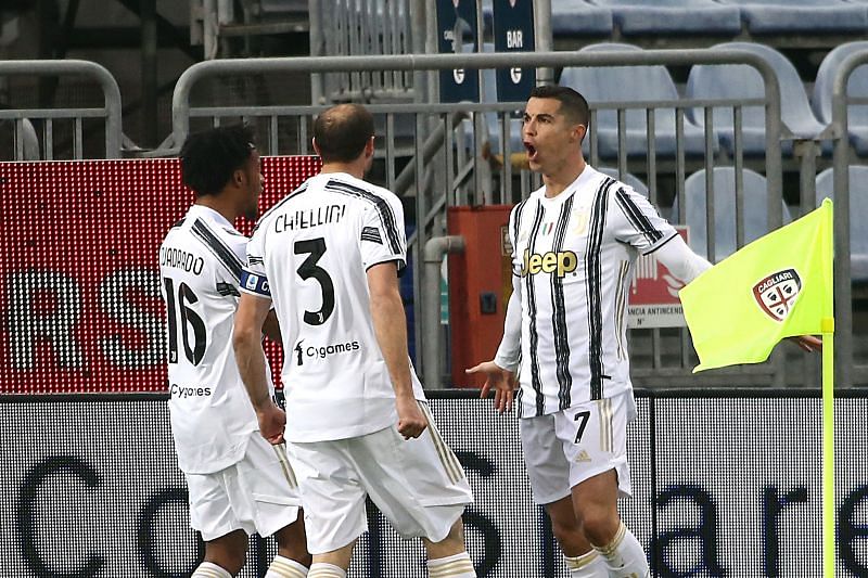 Cristiano Ronaldo celebrates after scoring a goal.