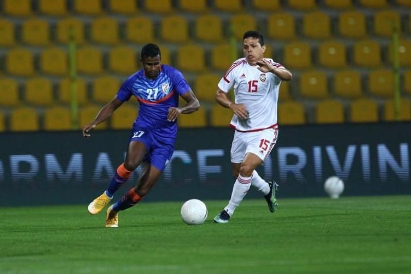 NorthEast United FC player Mashoor Shereef in action for India against UAE in their international friendly match (Image Courtesy: AIFF Media)