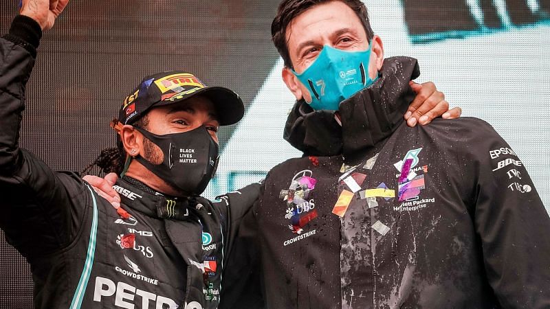 Lewis Hamilton (L) with Mercedes Team Principal Toto Wolff (R)