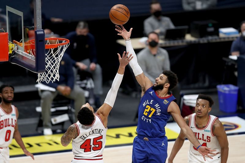 Denver Nuggets&#039; Jamal Murray attempts a floater against the Chicago Bulls.