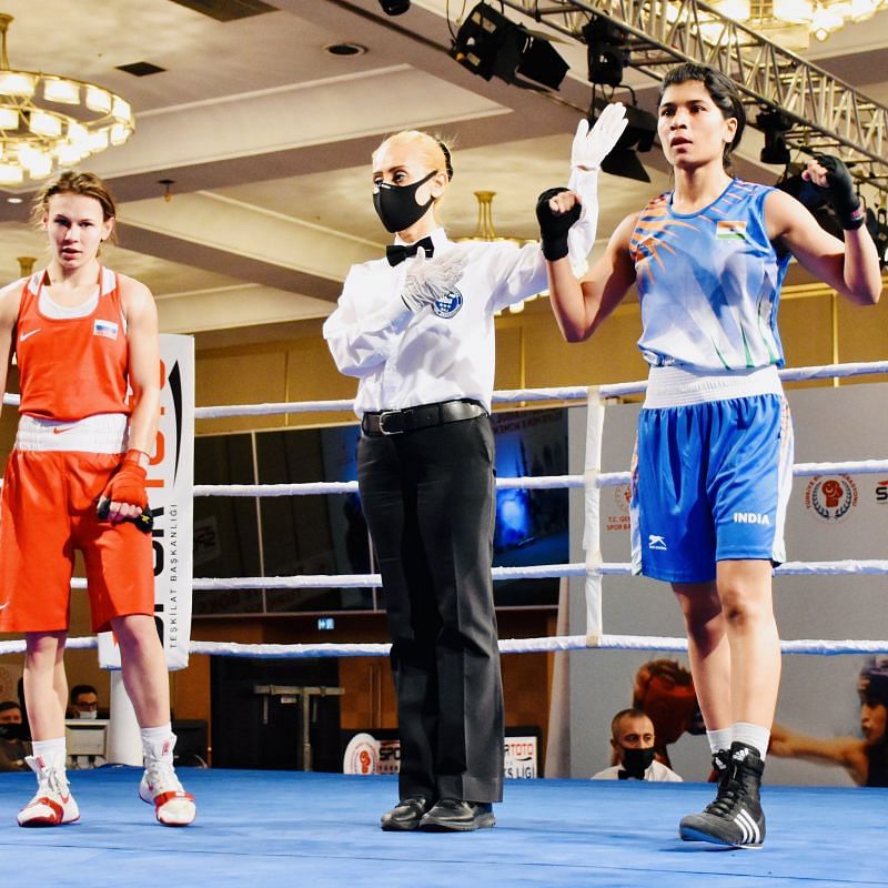 Nikhat Zareen (in blue) reacts after her win over Ekaterina Paltceva at Bosphorus Boxing Tournament. (Image Source: BFI Twitter) 