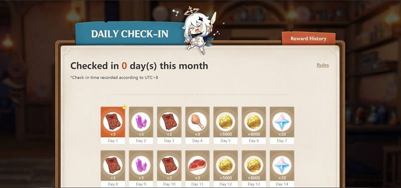 Check-in rewards for each day of the month displayed