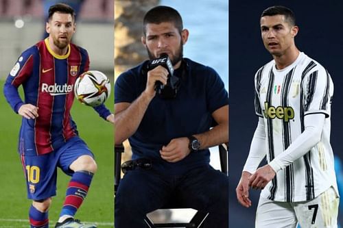 Lionel Messi (left) Khabib Nurmagomedov (center) Cristiano Ronaldo (right)