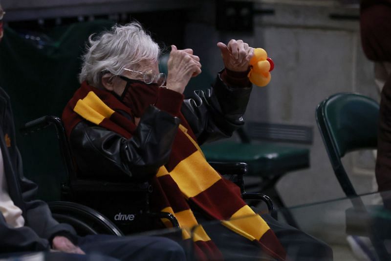 Sister Jean Dolores-Smith of Loyola-Chicago Ramblers celebrates an upset victory.