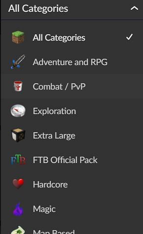 Curseforge &quot;Categories&quot; filter (Image via Curseforge)