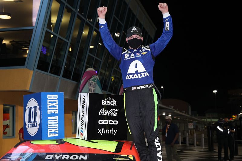 William Byron celebrates his Dixie Vodka 400 win. Photo: by Sean Gardner/Getty Images. 