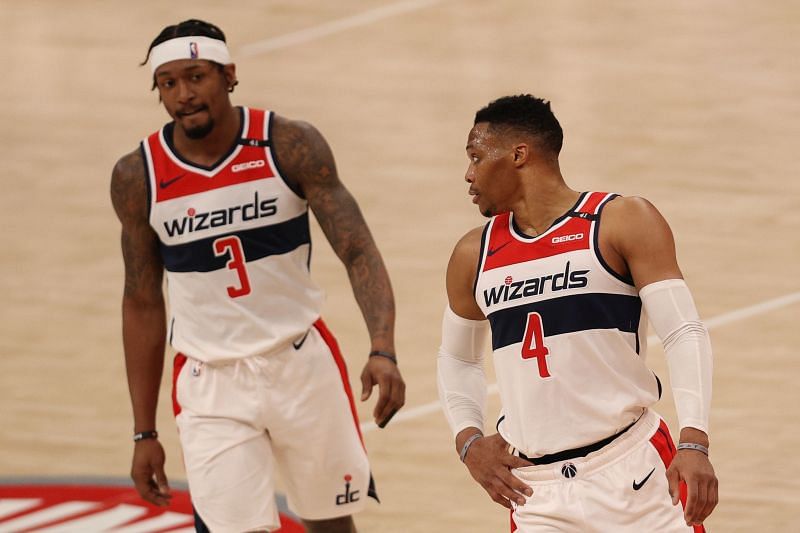 Russell Westbrook #4 and Bradley Beal #3 of the Washington Wizards