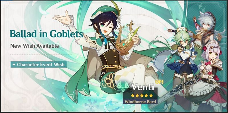 Genshin Impact has announced Venti&#039;s banner for the 1.4 Update (Image via miHoYo)