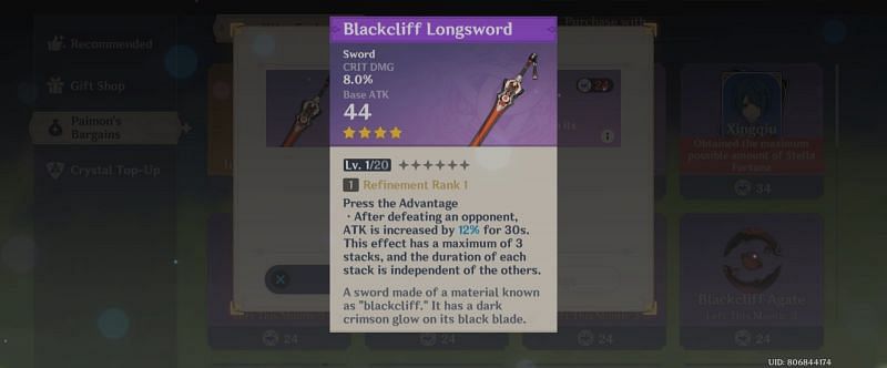 Stats of Blackcliff Longsword (image via Genshin Impact)
