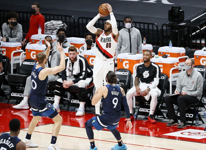 Carmelo Anthony #00 of the Portland Trail Blazers shoots a three point basket against the Minnesota Timberwolves. (Photo by Steph Chambers/Getty Images)