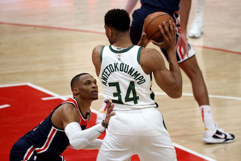 Russell Westbrook #4 guards Giannis Antetokounmpo #34 in the first half at Capital One Arena on March 13, 2021 in Washington, DC. Photo: Rob Carr/Getty Images.