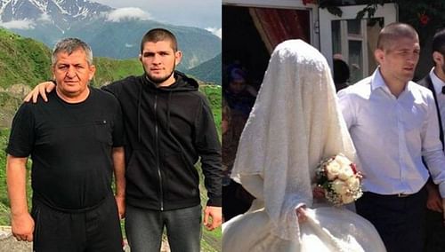 Abdulmanap Nurmagomedov (far left); Khabib Nurmagomedov (center left and far right); Patimat Nurmagomedova (center right)