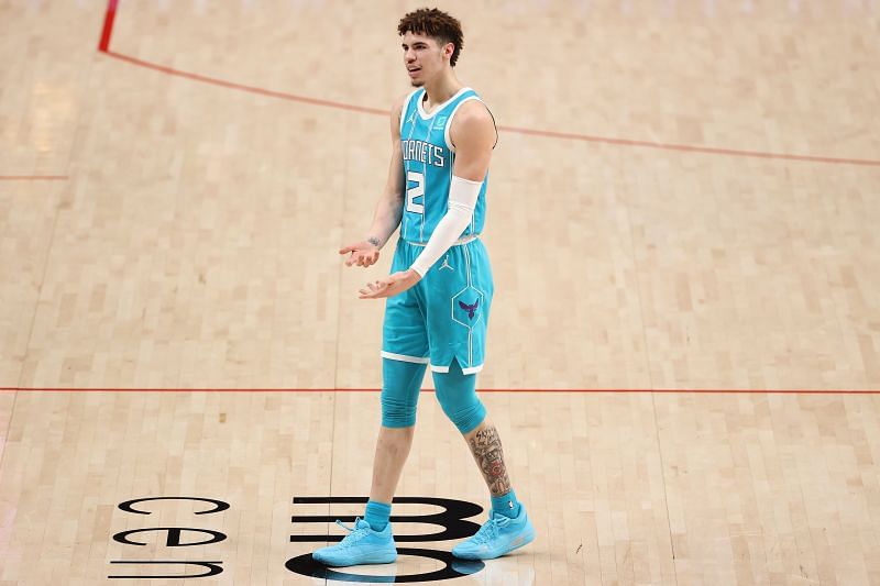 LaMelo Ball #2 of the Charlotte Hornets reacts to a foul call in the third quarter against the Portland Trail Blazers. (Photo by Abbie Parr/Getty Images)