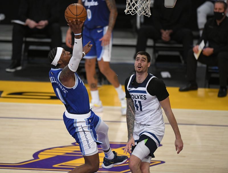 Juancho Hernangomez #41 of the Minnesota Timberwolves guards Kentavious Caldwell-Pope #1 of the Los Angeles Lakers. (Photo by John McCoy/Getty Images)