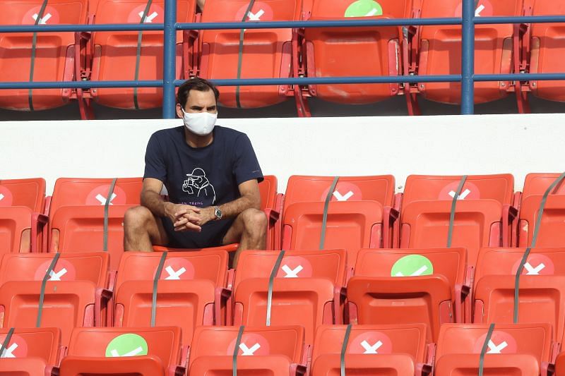 Roger Federer in the stands during Jeremy Chardy vs Daniel Evans at the Qatar ExxonMobil Open 2021