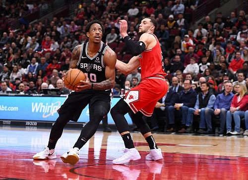 DeMar DeRozan of the San Antonio Spurs in NBA action against Zach LaVine of the Chicago Bulls