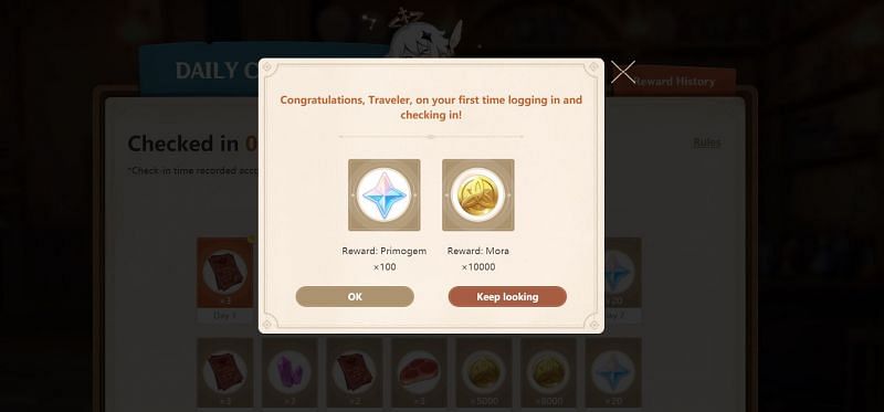 100 Primogems bonus for the first check-in