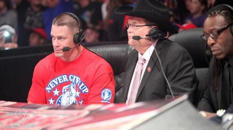John Cena on commentary with Jim Ross and Booker T