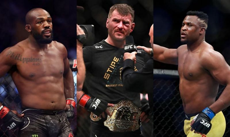 Jon Jones (left), Stipe Miocic (centre), Francis Ngannou (right)