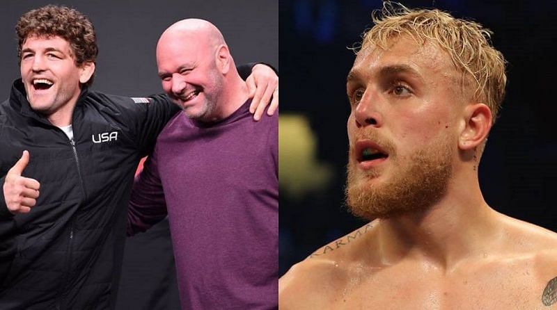 Ben Askren (left); Dana White (center); Jake Paul (right)