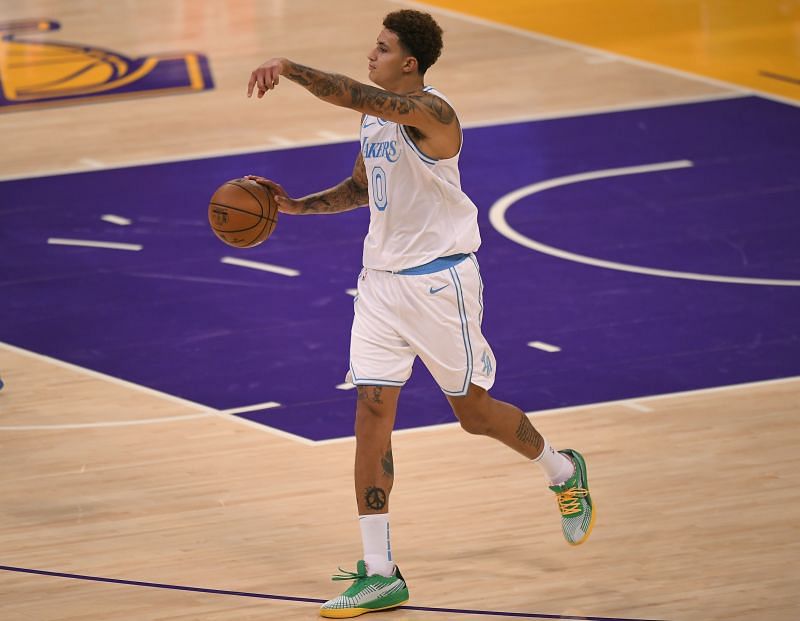 Kyle Kuzma #0 of the Los Angeles Lakers while playing the Dallas Mavericks at Staples Center on December 25, 2020 in Los Angeles, California (Photo by John McCoy/Getty Images)