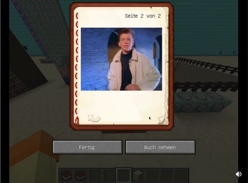 Minecraft players who open this special book will be &quot;rickrolled&#039; while they are still in-game. (Image via u/_2257/reddit.com)
