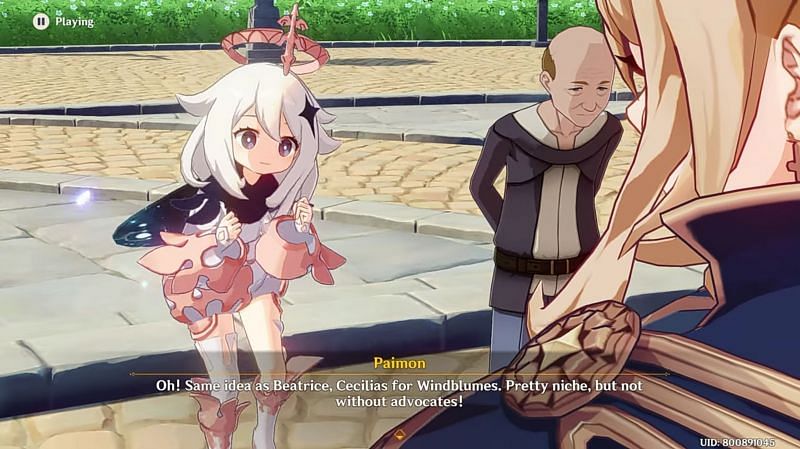 Paimon&#039;s reaction to Cecilia (Image via Bluemeat, YouTube)