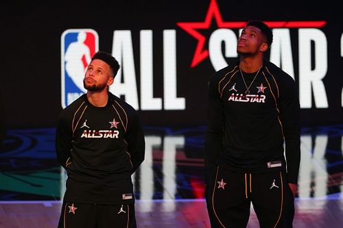 Stephen Curry #30 and Giannis Antetokounmpo #34 of Team LeBron look on prior to the 70th NBA All-Star Game. (Photo by Kevin C. Cox/Getty Images)