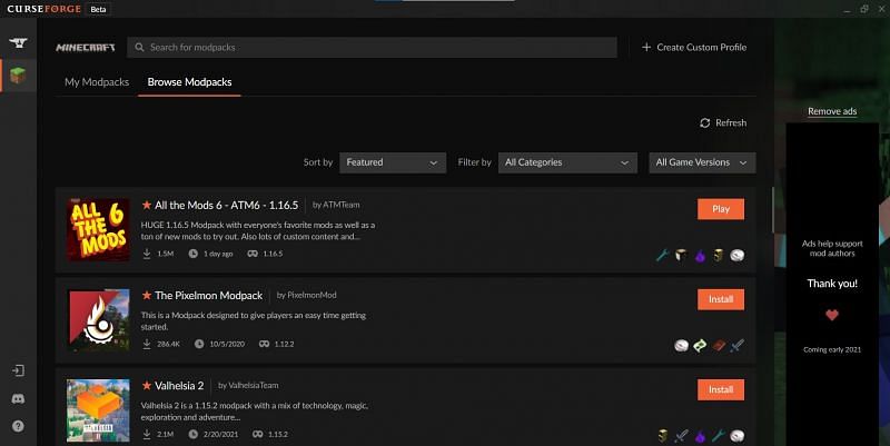The CurseForge modpack browse menu (Image via Minecraft)