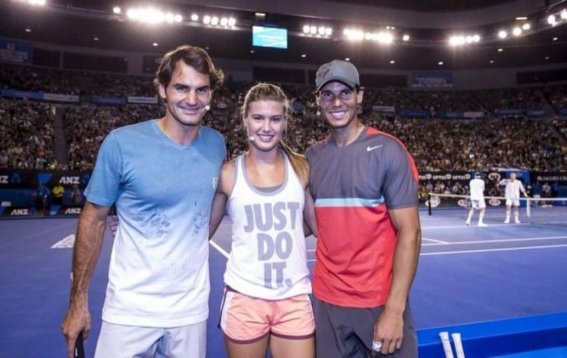 Eugenie Bouchard poses with Rafael Nadal and Roger Federer