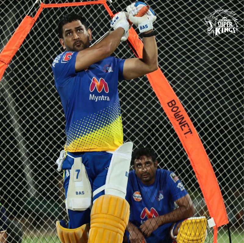 MS Dhoni launches one into the stands during a practice session.