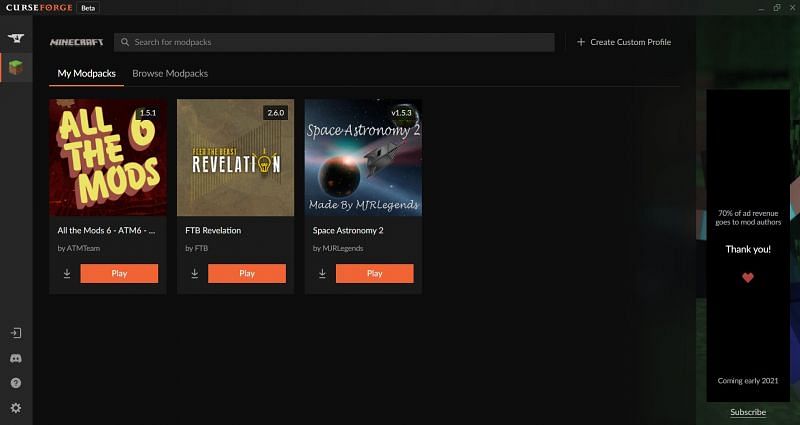 Shown: Curseforge Launcher, where modpacks can be installed and launched from (Image via Curseforge)