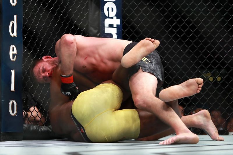 Stipe Miocic using his ground-and-pound to brilliant effect against Ngannou.