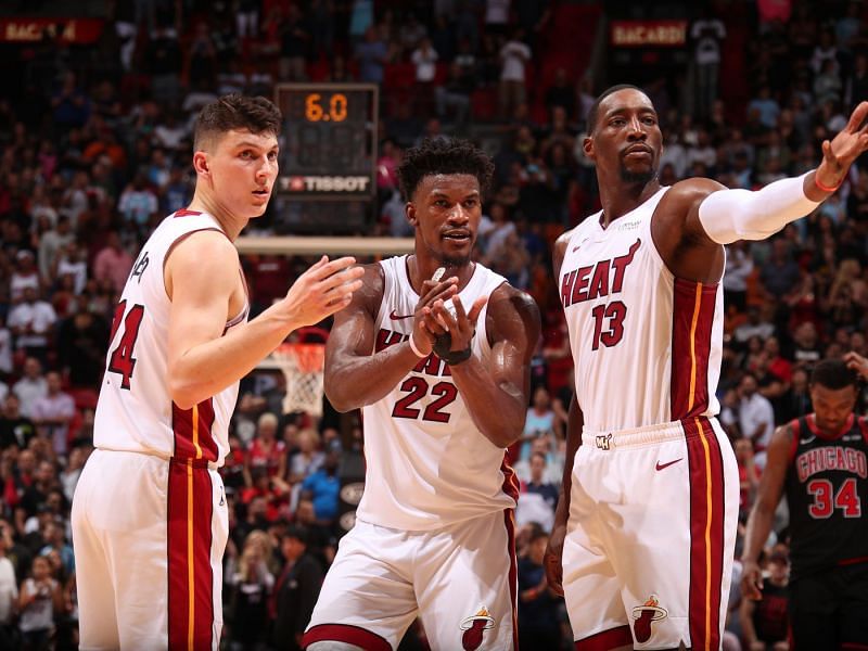 Tyler Herro (left), Jimmy Butler (middle), and Bam Adebayo (right)