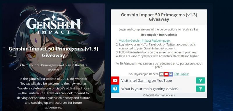 Genshin Impact New Redeem Code To Get 50 Primogems From Intel Gaming S Giveaway