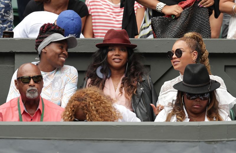 Venus Williams and Beyonce watch on as Serena Williams and Angelique Kerber play at Wimbledon 2016