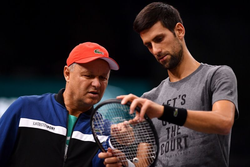 Novak Djokovic with coach, Marian Vajda at the Rolex Paris Masters in 2018