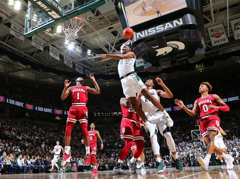 Aaron Henry #11 of the Michigan State Spartans dunks the ball during a game against the Indiana Hoosiers