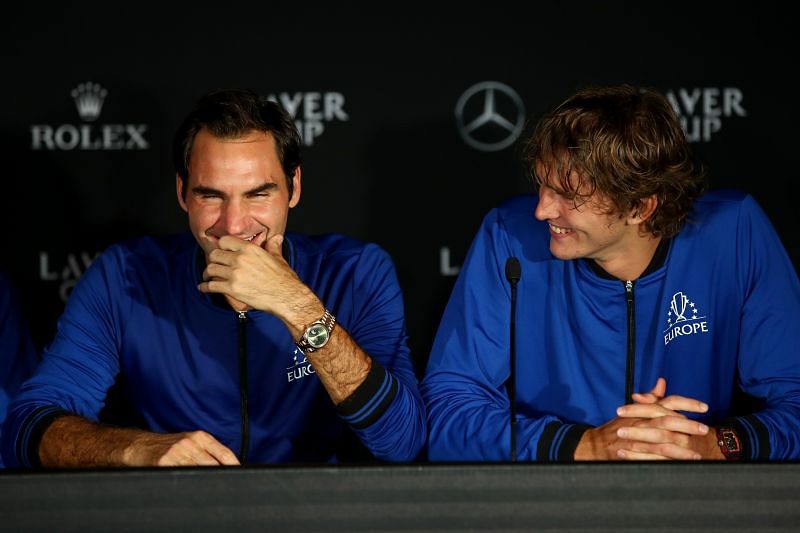 Alexander Zverev (R) and Roger Federer