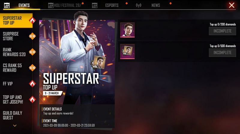 Superstar Top-Up event in Free Fire