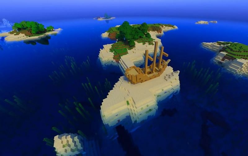 A shipwreck surrounded by multiple other small islands in Minecraft (Image via Minecraft &amp; Chill/YouTube)