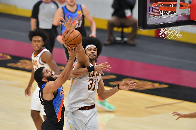 Jarrett Allen (right) in action