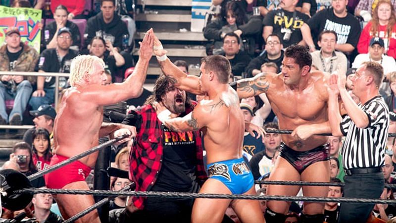 Evolution faced off against The Rock N&#039; Sock Connection at WrestleMania XX