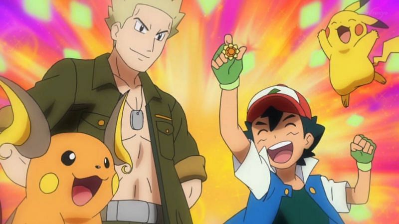 Gym Leader Lt. Surge with his Raichu alongside Ash and Pikachu (Image via The Pokemon Company)