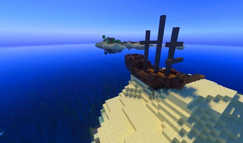 A Minecraft shipwreck on a tiny island with another island in the distance (Image via Minecraft &amp; Chill/YouTube)