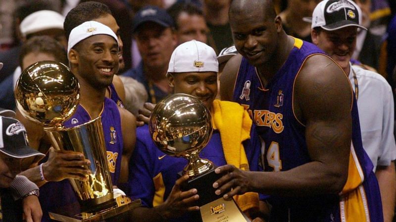 Kobe Bryant, Shaquille O&#039;Neal and the LA Lakers celebrate their 2002 NBA Championship.