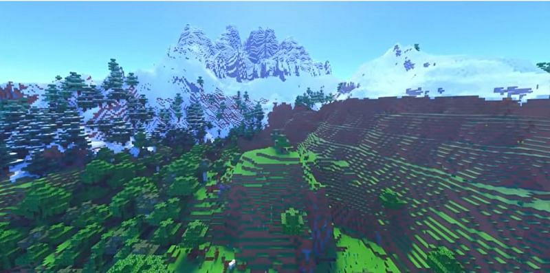 A view of beautiful snowy mountains in the distance in Minecraft (Image via Minecraft &amp; Chill/YouTube)